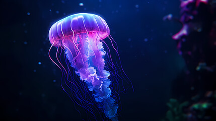 Obraz premium Glowing jellyfish swim deep in the ocean