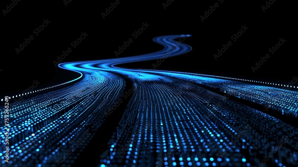 Poster digital road illuminated by blue matrix of binary code. digital winding road isolated on black backg
