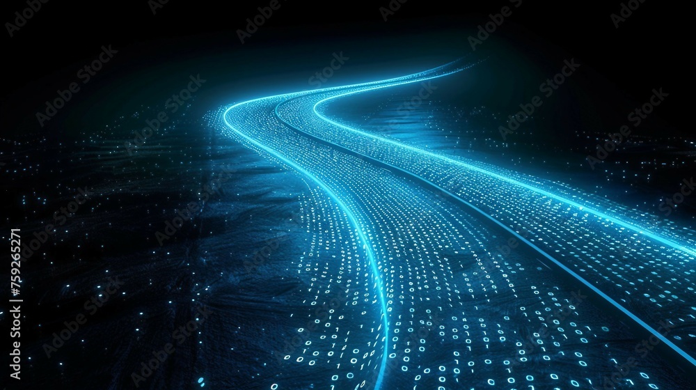 Poster digital road illuminated by blue matrix of binary code. digital winding road isolated on black backg