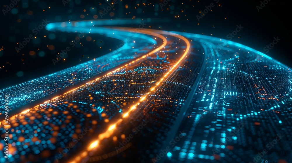 Poster digital road illuminated by blue matrix of binary code. digital winding road isolated on black backg