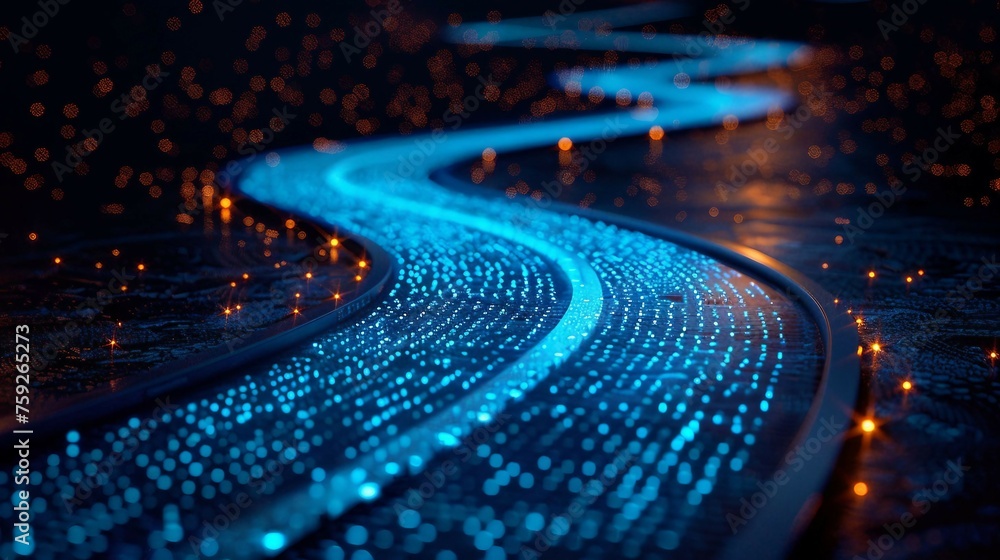 Aufkleber digital road illuminated by blue matrix of binary code. digital winding road isolated on black backg
