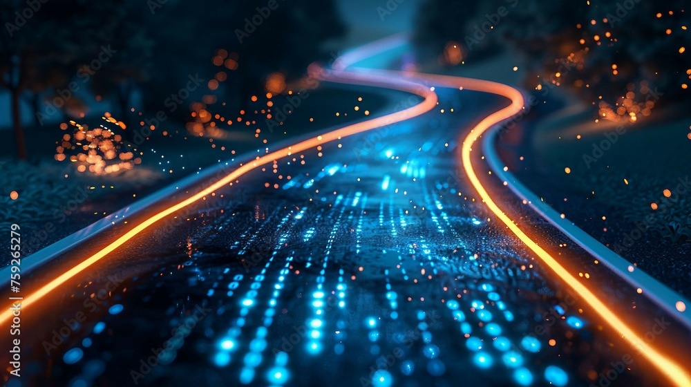 Poster digital road illuminated by blue matrix of binary code. digital winding road isolated on black backg