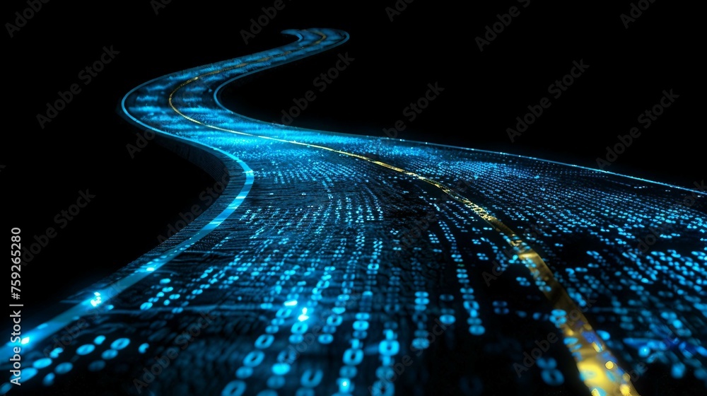 Aufkleber digital road illuminated by blue matrix of binary code. digital winding road isolated on black backg