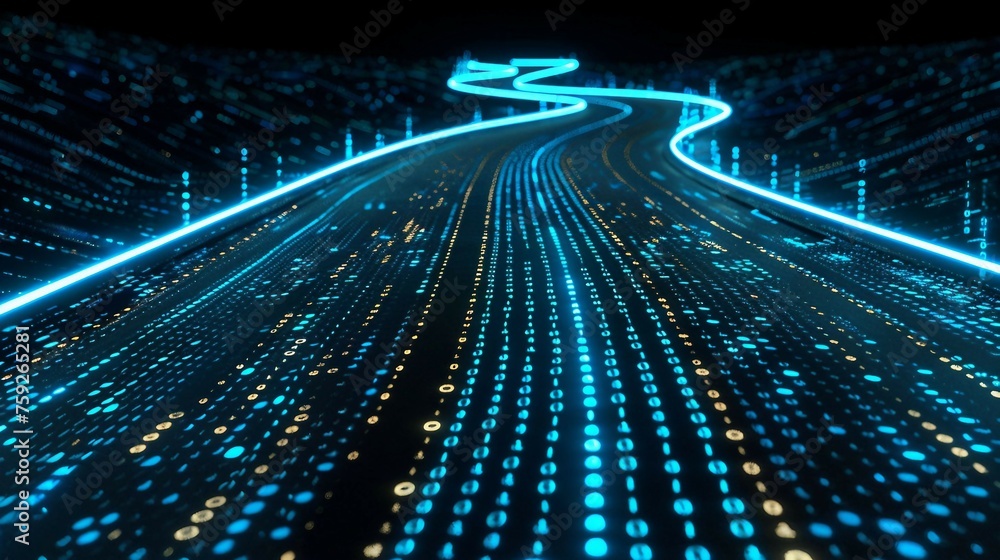 Poster digital road illuminated by blue matrix of binary code. digital winding road isolated on black backg