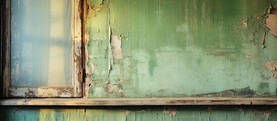 Aged wooden window frame with worn green paint, light and dark patterns in sunlight