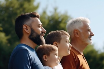Four male family members from different generations share a joyful moment outside. Multi-Generational Men Smiling Outdoors