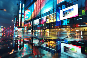 3D Rendering of billboards and advertisement signs at modern buildings in capital city with light reflection from puddles on street.  - obrazy, fototapety, plakaty