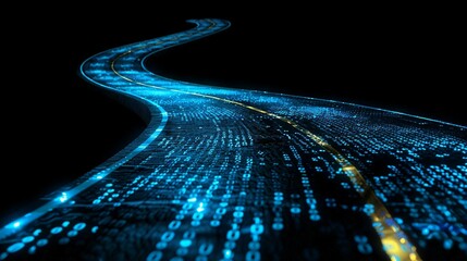 digital road illuminated by blue matrix of binary code. digital winding road isolated on black background.

