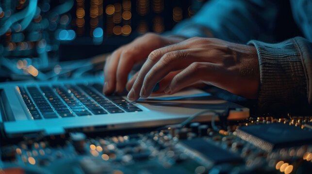 Portrait hand of software engineer working on laptop with circuit board. AI generated image