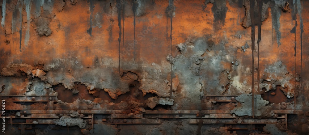 Poster closeup photo of a rusted metal wall showcasing intricate patterns created by the rust. the visual a