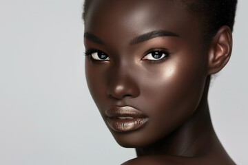 beautiful black woman in full makeup on white background for cosmetics, massage and beauty industry advertisements, generative AI