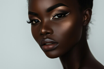beautiful black woman in full makeup on white background for cosmetics, massage and beauty industry...