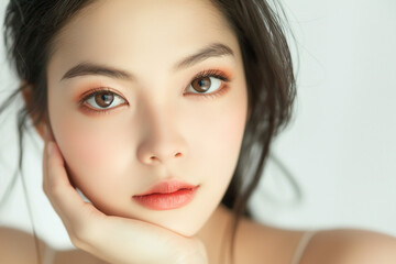 Naklejka premium beautiful asian woman in full makeup on white background for advertisements from the cosmetics, massage and beauty industry, generative AI