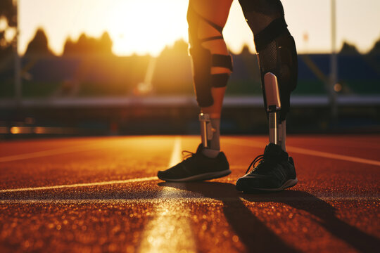AI Generated Image. Athlete with prothesis legs standing in a running stadium