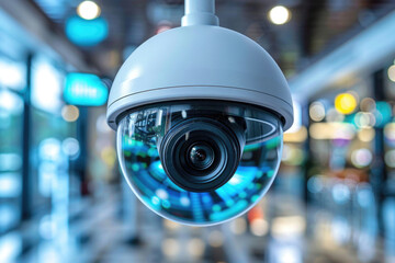 Modern surveillance camera in a public area. Generative AI image
