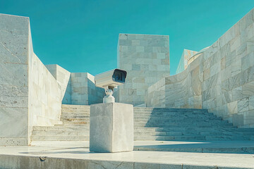 Modern surveillance camera in a public space. Generative AI image