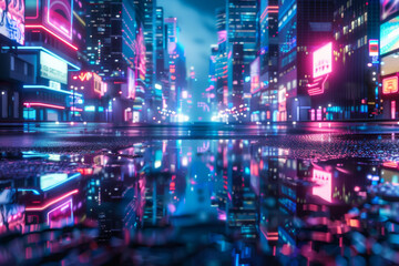 3D Rendering of neon mega city with light reflection from puddles on street heading toward buildings. 
