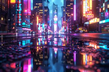 Fototapeta na wymiar 3D Rendering of neon mega city with light reflection from puddles on street heading toward buildings. 