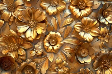 Ornate Gold Flowers Texture Pattern, Color Metallic Carved Floral Ornament 3d Imitation, Copy Space