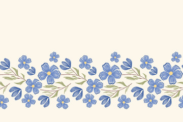 Vintage Floral pattern seamless blue flower motifs border background frame embroidery. Ethnic Ikat pattern paisley design. Ditsy vector illustration hand drawn.