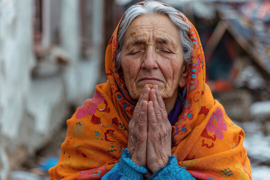 Elderly woman in prayer with a hopeful expression. Generative AI image