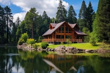 Fototapeta na wymiar Beautiful House in Mountains, Modern Wood Cottage Near Forest Lake