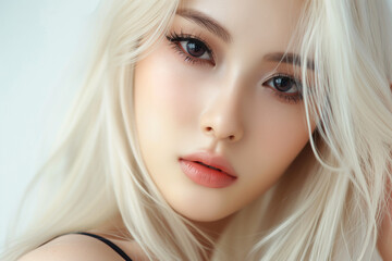 Fototapeta premium beautiful blonde hair asian woman in full makeup on white background for advertisements from the cosmetics, massage and beauty industry, generative AI