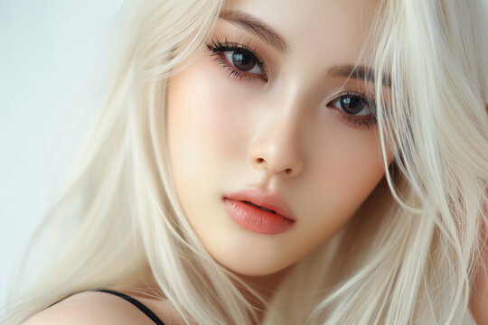 beautiful blonde hair asian woman in full makeup on white background for advertisements from the cosmetics, massage and beauty industry, generative AI