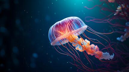 Glowing jellyfish swim deep in the ocean