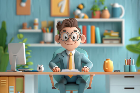 Cartoon businessman in a vibrant office space. Generative AI image