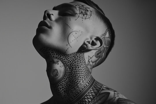 Black and white portrait of a person with intricate tattoos. Generative AI image