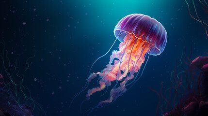 Naklejka premium Glowing jellyfish swim deep in the ocean