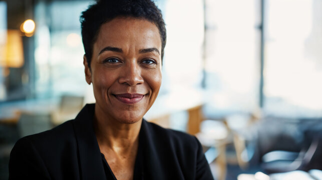 Professional black female lawyer in a modern office setting. Generative AI image