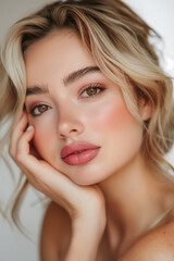 Fototapeta premium beautiful blonde hair woman in full makeup on white background for advertisements from the cosmetics, massage and beauty industry, generative AI