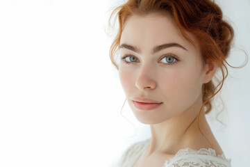 beautiful redhead woman with freckles in full makeup on white background for cosmetics, massage and beauty industry advertisements, generative AI