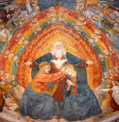 MILAN, ITALY - MARCH 8, 2024: The central part of  fresco of Coronation of Virgin Mari in the apse...
