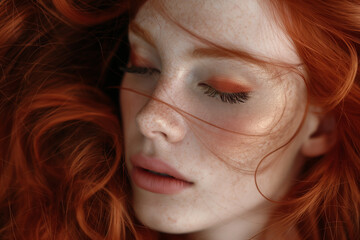 beautiful redhead woman with freckles in full makeup on white background for cosmetics, massage and beauty industry advertisements, generative AI