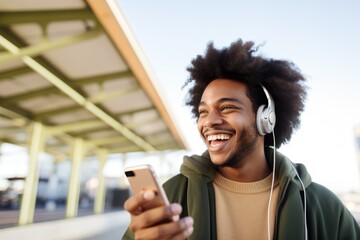 A joyful young man with curly hair enjoying music on his headphones while using a smartphone at a train station. Happy Young Man with Headphones Using Smartphone