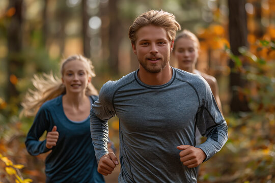 Group of friends enjoying a forest run in autumn. Generative AI image