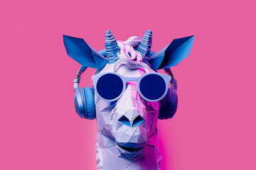 Unique unicorn sculpture with headphones on pink background. Generative AI image