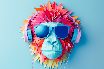Colorful paper lion with headphones and sunglasses. Generative AI image