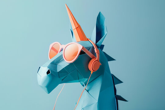 Trendy polygonal unicorn with sunglasses and headphones. Generative AI image