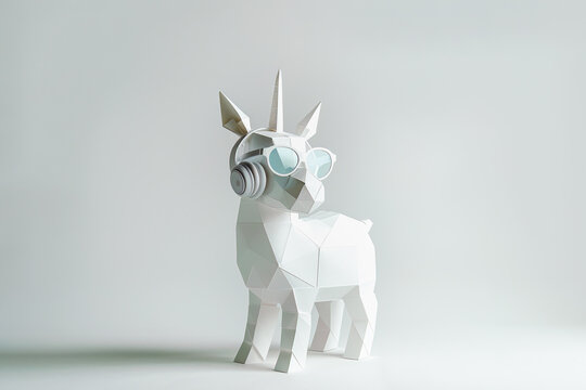 Geometric paper goat with sunglasses on a white background. Generative AI image