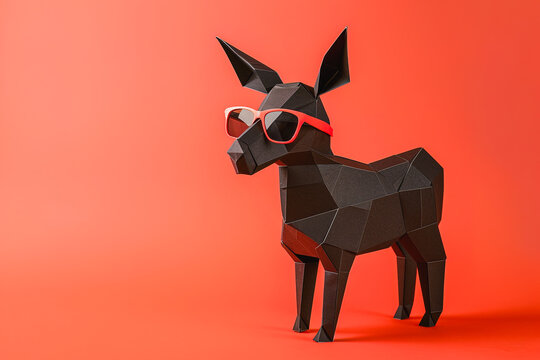 Geometric paper dog with sunglasses on orange backdrop. Generative AI image