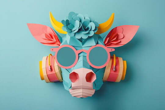 Colorful paper craft cow head with stylish glasses. Generative AI image