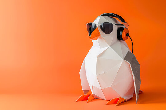 Stylish Polygonal Paper Penguin with Headphones. Generative AI image