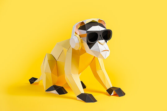 Stylized polygonal monkey with sunglasses on yellow background. Generative AI image