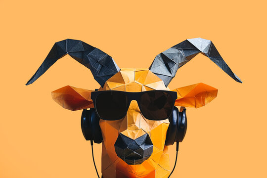 Geometric Paper Goat Head with Headphones on Orange. Generative AI image