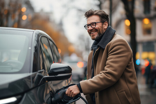 Man smiling while charging electric car in winter cityscape. Generative AI image