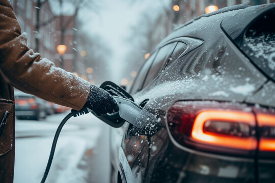 Winter Electric Car Charging in Urban Setting. Generative AI image